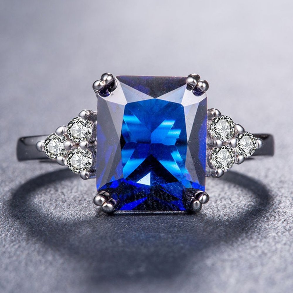 NEW Radiant Cut Blue Sapphire Silver Diamond Ring